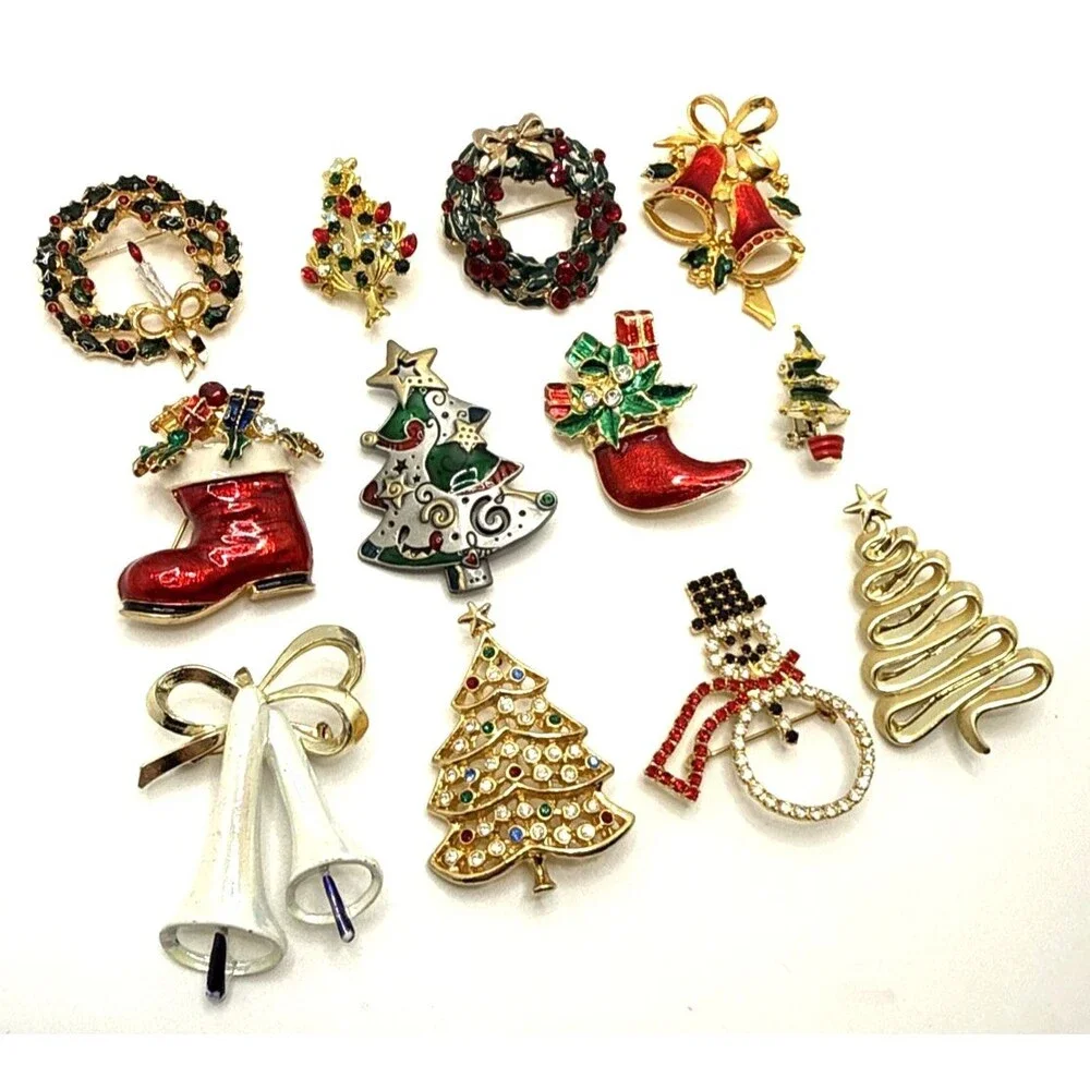 Vintage Rhinestone Enamel Christmas Brooches Trees Bells Wreaths Stockings 12 Pc